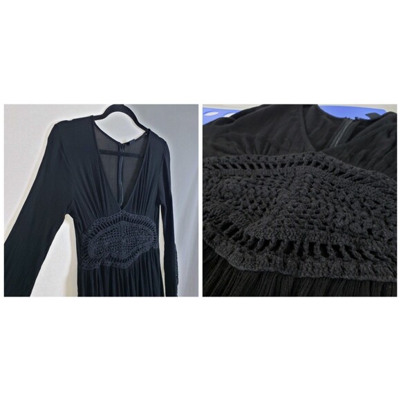 Volcom Babydoll Dress Womens M Black Gauze Y2K Beach Crochet Flowy Deep V - Picture 4 of 12